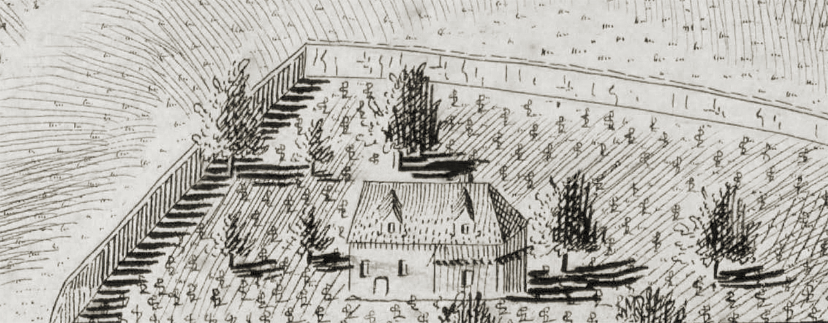 Usedlost Bučanka na Huberově perspektivním plánu Prahy z roku 1769.